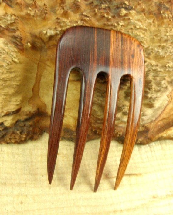 Laos Rosewood 4 7/8 Inch Four Prong Curved Hair Fork Pick Pin Comb Pic Stick Deep Red with Blackish Grain 2 5/8" wide FPL 3 5/8"  Strong