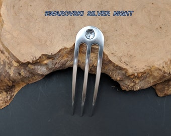 Black or Silver Anodized Aluminum Three Prong Hair Fork 4.9" Curved  Unbreakable Waterproof FPL 4"  Swarovski Silver Night Gem Pin Pic Comb