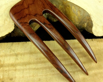 Laos Rosewood 4 7/8 Inch Three Prong Wooden Curved Hair Fork Pick Pin Comb Pic Stick Deep Red with Blackish Grain 2" wide FPL 3 1/2"