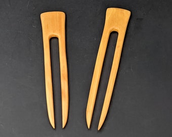 2 Yellow Teak 6 Inch Wooden Straight 2-Prong Hair Forks Picks Pins Combs Pics Sticks FPL 4.5"  with Strength to Hold A Lot of Hair