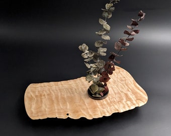 Live Edge Quilted Maple Free Form Ikebana Vase Water Holding Solid Brass w/ Black Pewter Finish Kenzan Pin Frog. MPI020724A