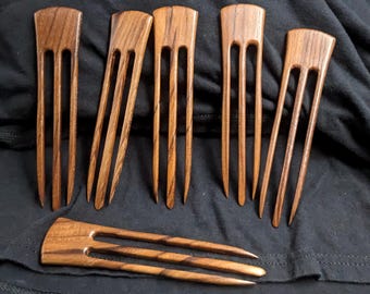 Two Teak 6 Inch Wooden Straight 3-Prong Hair Forks FPL 4.5" Combs Pics Pins Picks Sticks Tan Brown Color Heavy Duty Hair Accessory