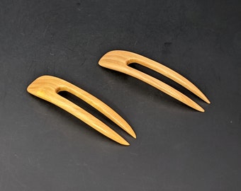 2 Yellow Teak 4.5 Inch Handmade Wooden Curved 2-Prong Hair Forks Picks Pins Pics Combs Sticks FPL 3.5" Blonde  fits contour of the Head