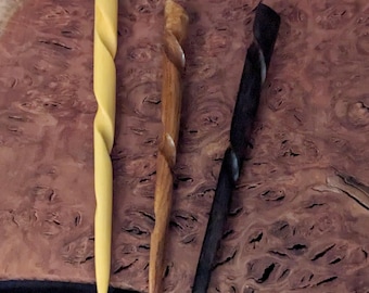 1) Ebony (1) Rosewood (1) Yellow Teak 6 Inch Handmade Conical Hair Sticks Pics Pins with Spiral Groove Throughout