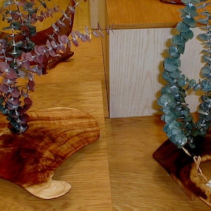 May include: Two wooden bases with unique shapes, each holding a bunch of dried eucalyptus leaves. One base is brown with a natural wood grain and the other is dark brown with a more polished finish. The eucalyptus leaves are a vibrant green and purple.