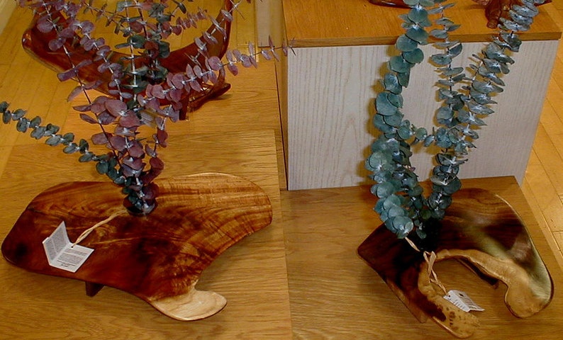 May include: Two wooden bases with unique shapes, each holding a bunch of dried eucalyptus leaves. One base is brown with a natural wood grain and the other is dark brown with a more polished finish. The eucalyptus leaves are a vibrant green and purple.