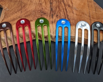 TWO  Anodized Aluminum 4.9" Curved 3 Prong Hair Fork Pick Comb Pin Pic Stick Unbreakable Waterproof FPL 4" Aqua Black Brown Green Red Silver