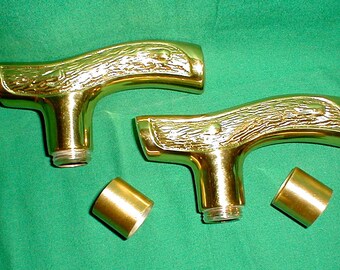 2 Cast Brass Fritz "T" Cane Walking Stick Handles 5" Long 2 5/8" High about 1 " diameter  with Sleeve Connectors for Your Wooden Shaft