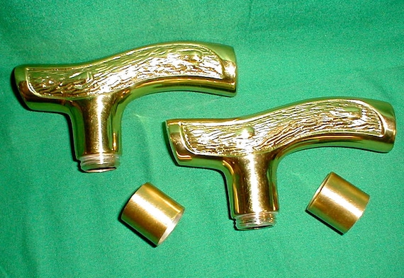 2 Cast Brass Fritz t Cane Walking Stick Handles 5 Long 2 5/8 High About 1  Diameter With Sleeve Connectors for Your Wooden Shaft 