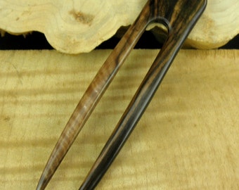 Striped Ebony 6 Inch Two Prong Wooden Straight Hair Fork Pick Pin Comb Pic Stick Black with Dark Brown Grain  1 1/4 inch Wide  FPL 4 1/2"