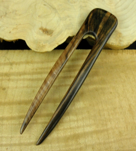 Striped Ebony 6 Inch Two Prong Wooden Straight Hair Fork Pick Pin Comb Pic Stick Black with Dark Brown Grain  1 1/4 inch Wide  FPL 4 1/2"