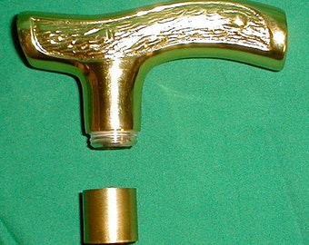 1 Cast Brass Fritz "T" Cane Walking Stick Handle 5" Long 2 5/8" High About 1 " diameter with Sleeve Connector for Your Wooden Shaft