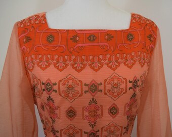 GORGEOUS Alfred Shaheen 1960's/1970's Peach Printed Maxi Dress