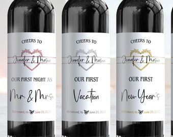 Wedding Milestones Wine Bottle Labels - Year of Firsts - Sparkle Heart - 16002