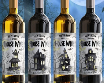 Halloween Party Wine Bottle Labels - Set of 4 - Spooky Houses - 14006H