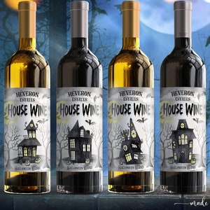 Halloween Party Wine Bottle Labels - Set of 4 - Spooky Houses - 14006H