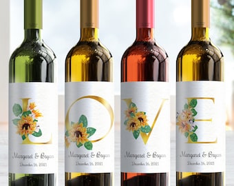 L O V E Bridal Shower Sunflower Gold Wine Bottle Labels - Set of 4 - 6004C