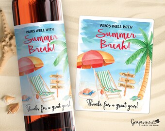 Teacher's Gift Wine Label - Pairs well with Summer Break - Beach - 15003W