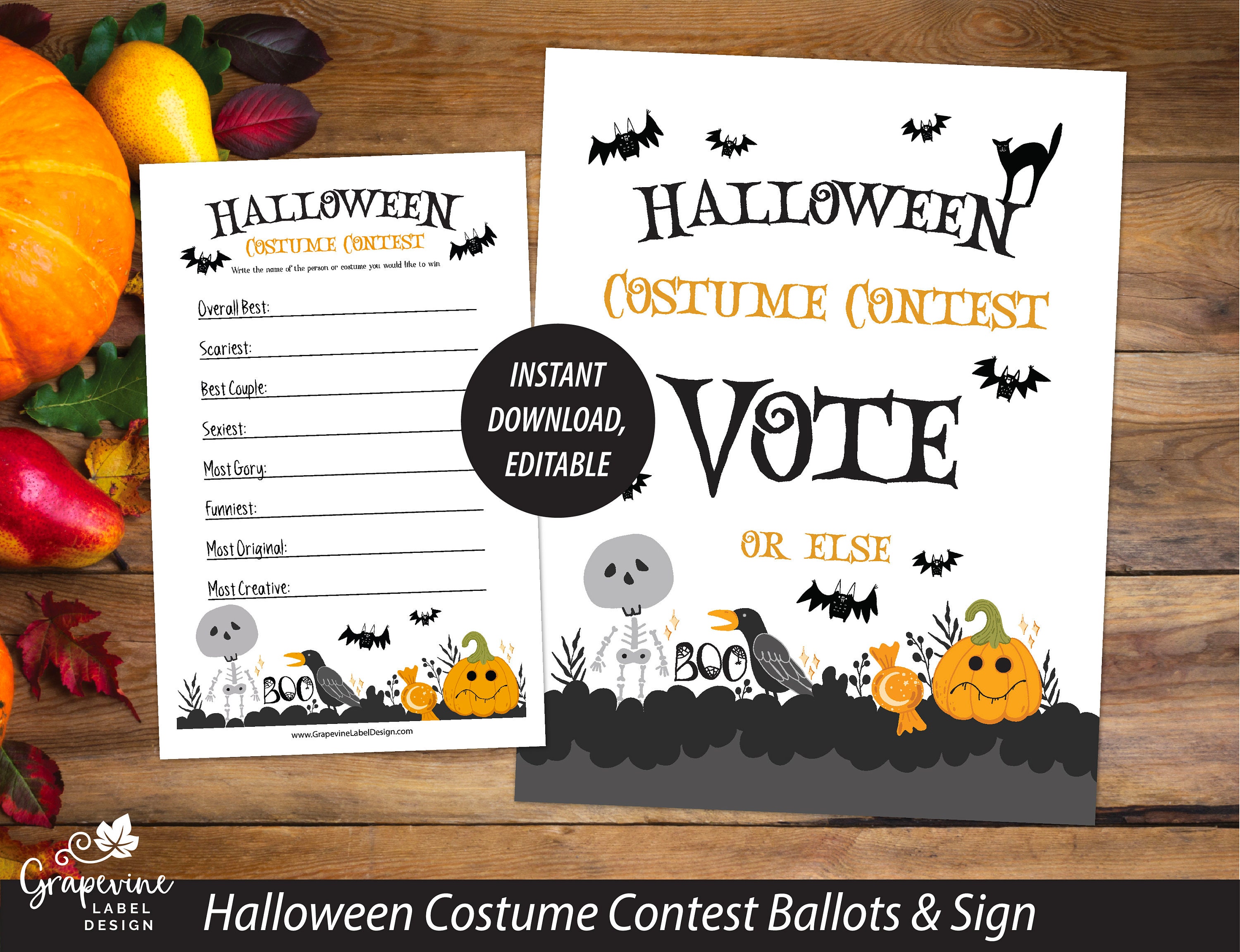 Halloween Costume Voting Ballots & Sign - Instant Download - Editable - Print at Home - 14012H