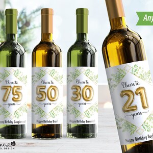 Birthday Wine Label - Cheers to Years - Green & Gold Balloon - 4002W