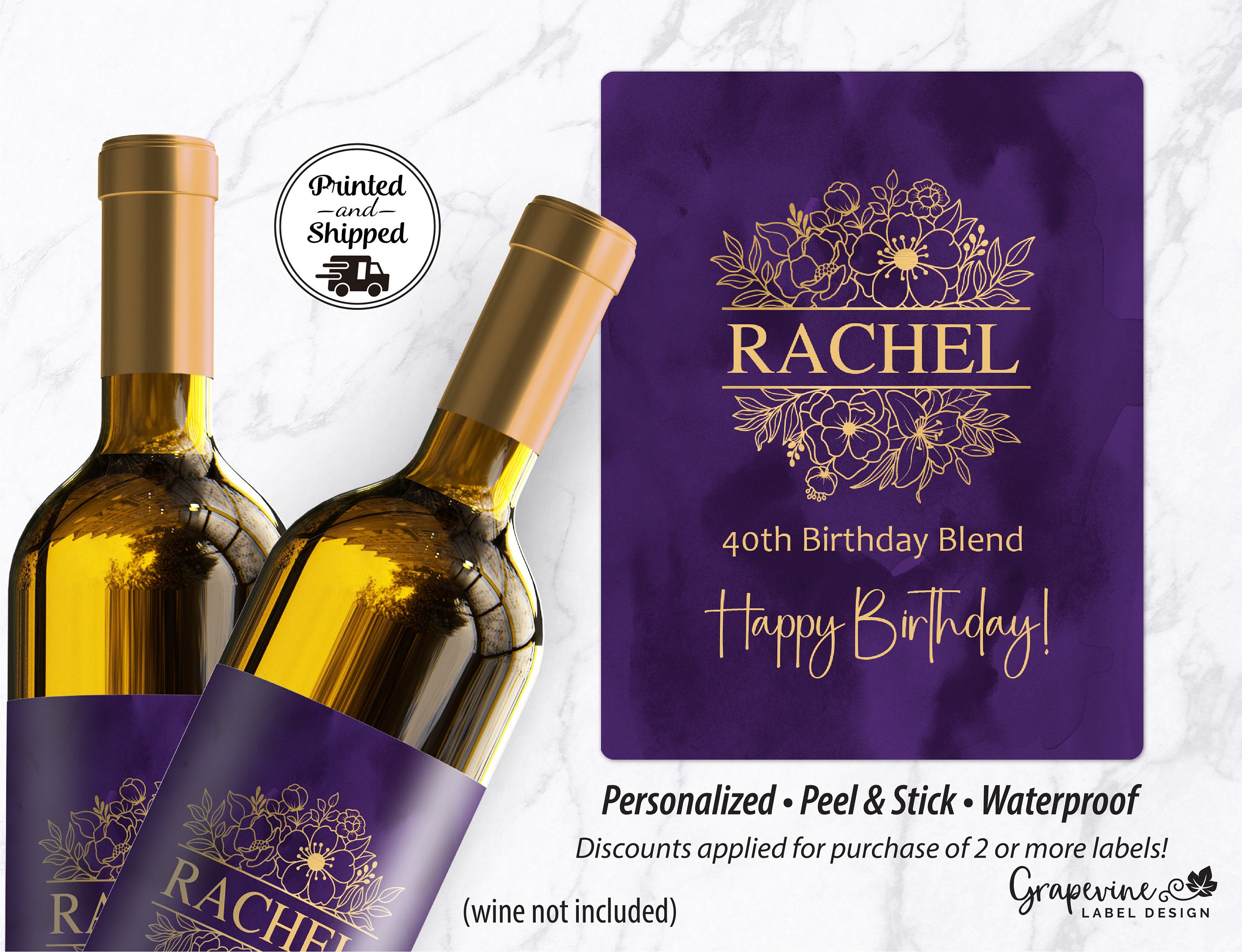 Purple & Gold Floral Birthday Wine Label - 4032W - Etsy