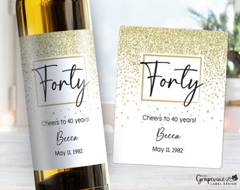 40th Birthday Wine Label - Forty Years - Gold Sparkle - 4010W-40