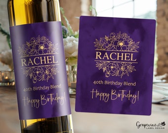 Purple & Gold Floral Birthday Wine Label - 4032W