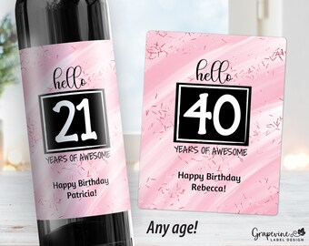 Hello Birthday Wine Label - Years of Awesome - Pink Glitter - 4019W