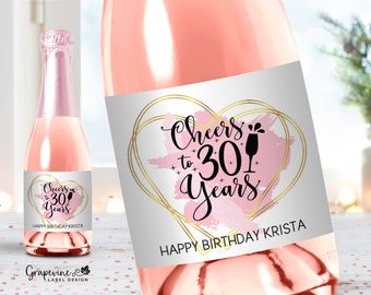 Cheers to Years Birthday Mini Champagne Labels - Set of 8 - Pink Heart - 4014MC