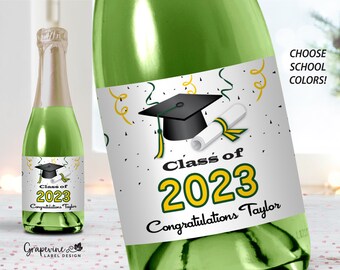 Graduation Mini Champagne Label - Set of 8 - Hat & Tassel - Choose School Colors - 15002MC