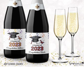 Graduation Champagne Label - Hat & Tassel - Choose School Colors - 15002C