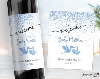 Welcome Baby Boy Shower Wine Label - Stork Blue Sparkle - 2006B