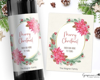 Christmas Holiday Gift Wine Label - Poinsettias - 14011C