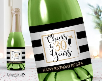 Cheers to Years Birthday Mini Champagne Labels - Set of 8 - B&W Stripe -  4016MC