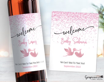 Welcome Baby Girl Shower Wine Label - Stork Pink Sparkle - 2006G