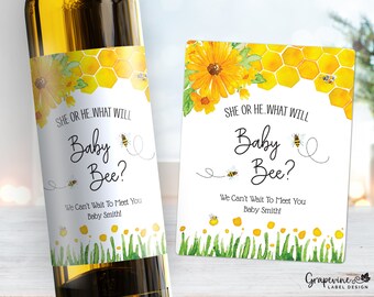 What Will Baby Bee Shower Wine Labels - Gender Reveal Shower Decor - 2007W