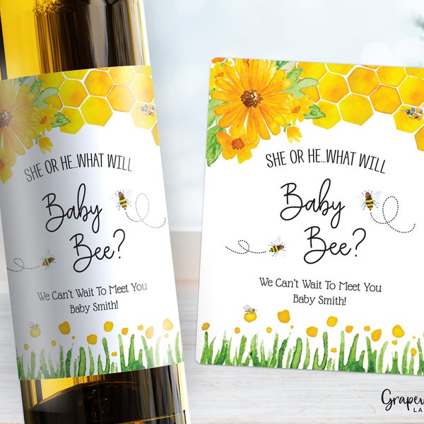 What Will Baby Bee Shower Wine Labels - Gender Reveal Shower Decor - 2007W