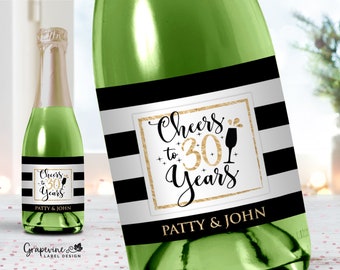 Anniversary Cheers to Years Mini Champagne Labels - Set of 8 -B&W Stripe - 1002MC