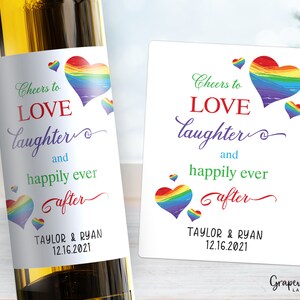 Cheers to Love Laughter Happily Ever After Wine Label - Rainbow - 6003B