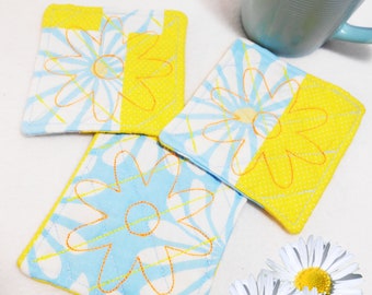 Blue and Yellow Quilted Patchwork Daisy Coasters