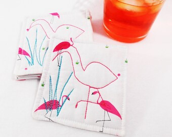 Tropical Flamingo Embroidered Coaster Set