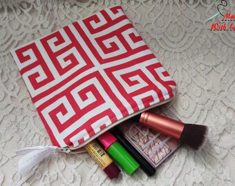 Red Geometric Canvas Travel Makeup Bag