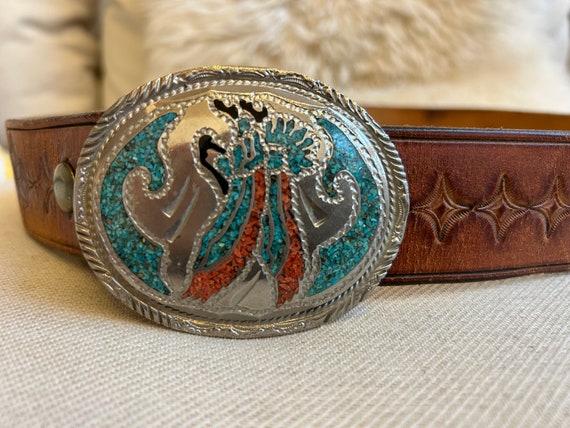 Vintage Native American Turquoise and Leather Belt - image 4