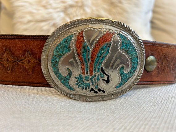 Vintage Native American Turquoise and Leather Belt - image 3