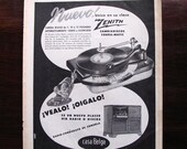 retro mid century Zenith record player stereo advertisement Latin American - Colombia - Spanish modern black and white illustration