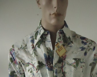 vintage NOS mens shirt 70s western floral H bar C ranchwear L