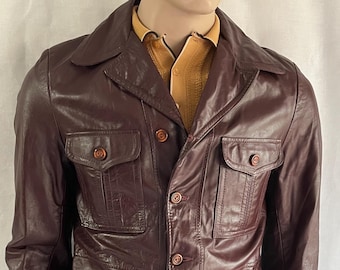 70s Vtg Brown Leather Zip up Collared Jacket Straight Cut Coat