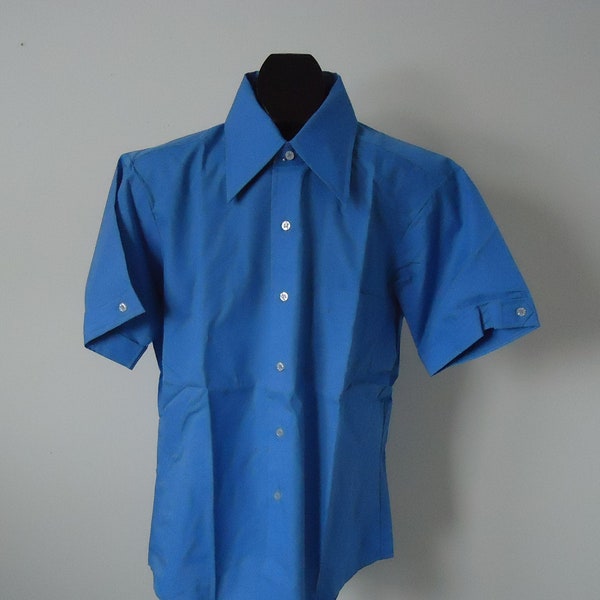 vintage 70s mens shirt  15 big collar Marlboro geek chic blue