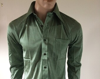 camisa disco vintage de los años 70 para hombre con estampado de pata de gallo M NOS Oleg Cassini tejido de punto de nailon muerto