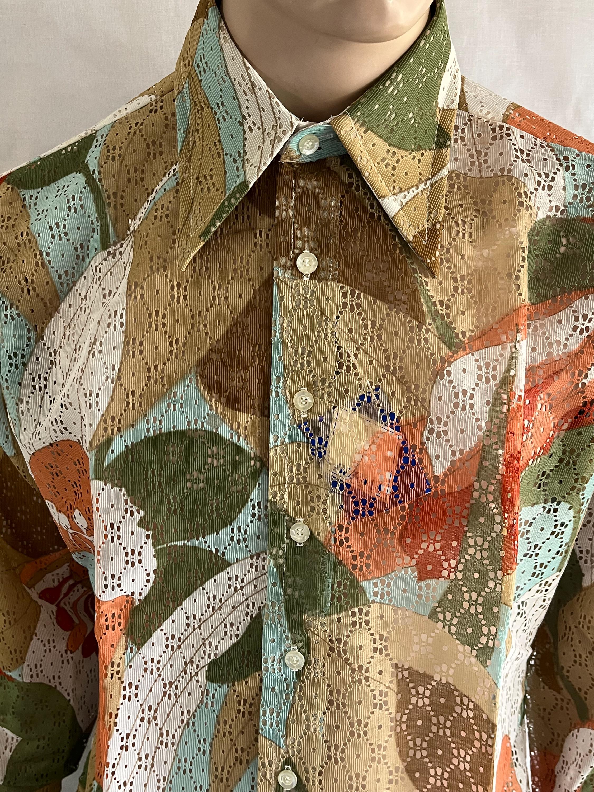 Vintage 70s Mens Disco Shirt Floral Sexy Lace L NOS BURMA 